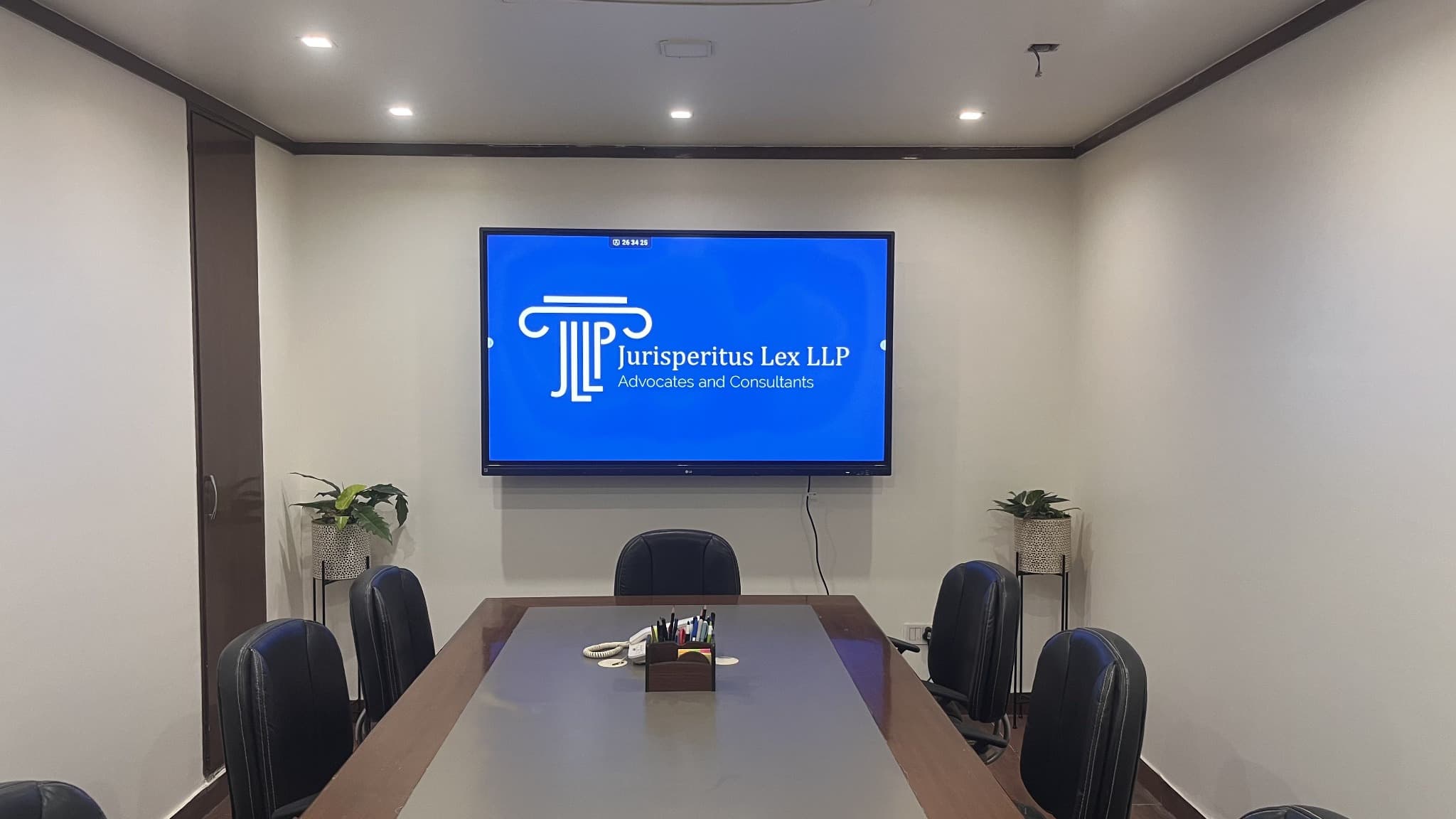 Meeting room table with firm logo