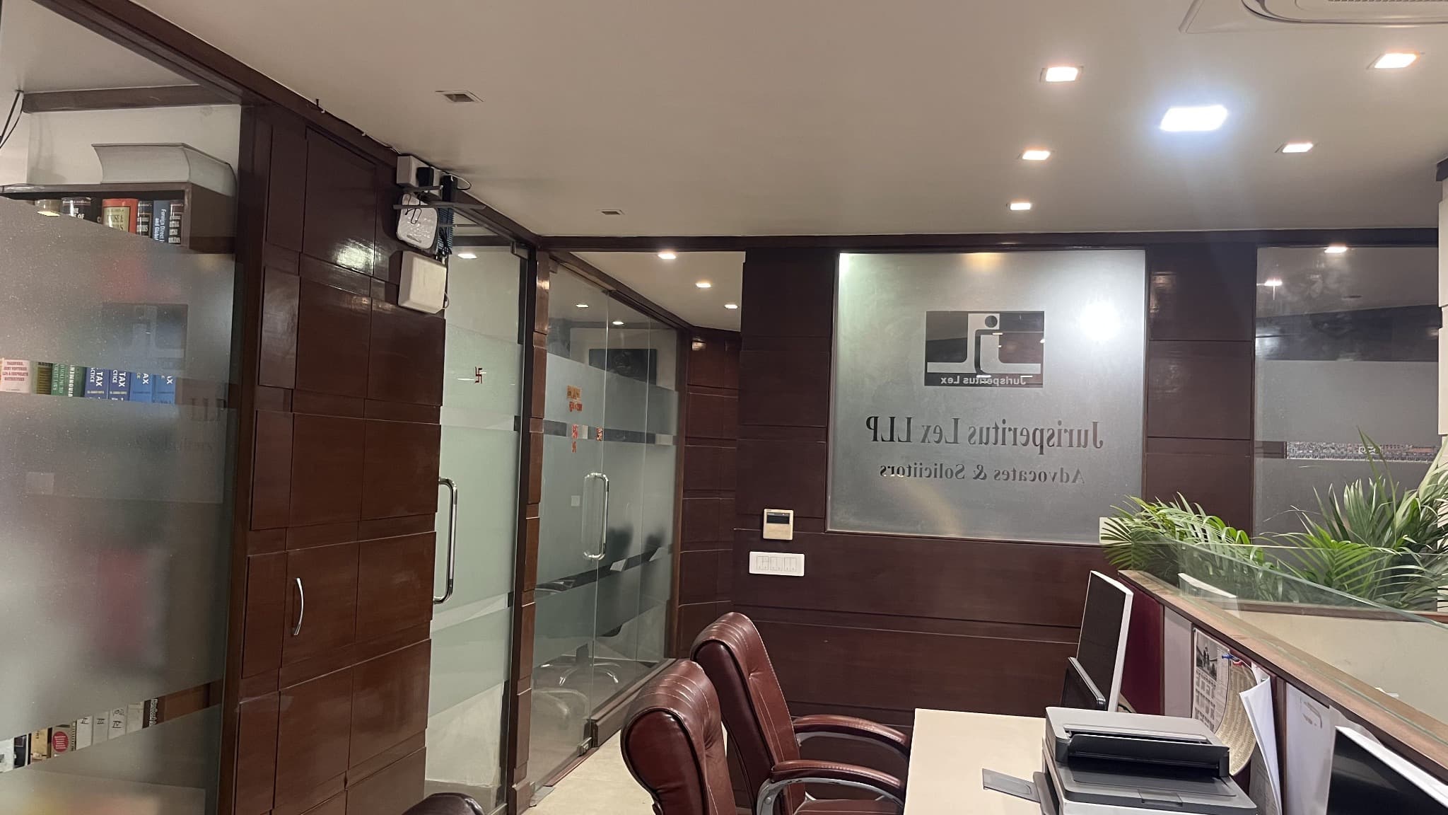 Work area with glass partitions